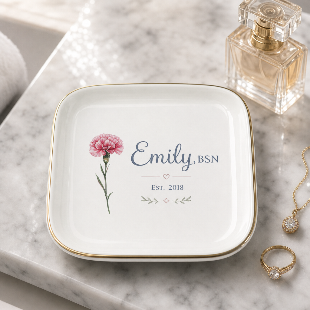 Personalized Nurse Jewelry Dish with Name, RN Year & Birth Flower | 4.5-Inch Ceramic Trinket Dish