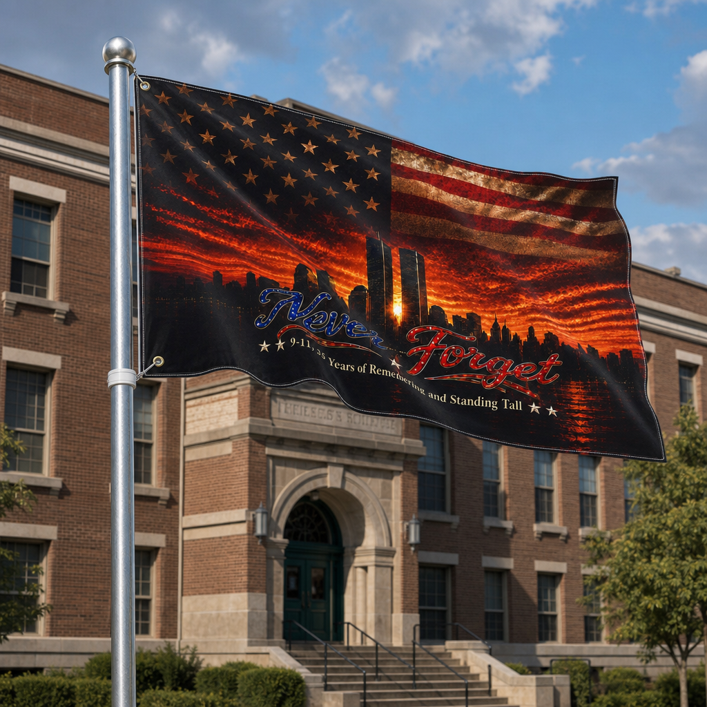 Never Forget Double-Sided Memorial Flag – 9/11 Twin Towers Tribute