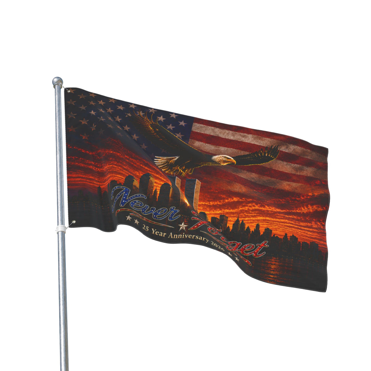 Never Forget Memorial Flag — 9/11 Tribute Double-Sided American Flag with Bald Eagle & Twin Towers