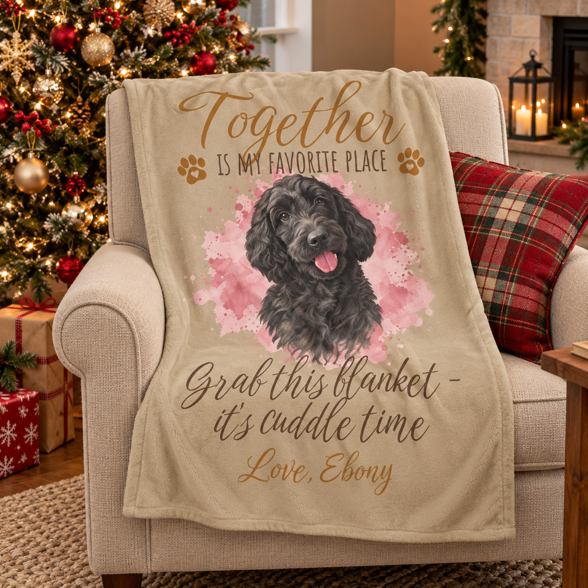 "Together is my favorite place" Oil Painted Pet Photo with Watercolor Splash Fleece Blanket, Custom Dog or Cat Gift