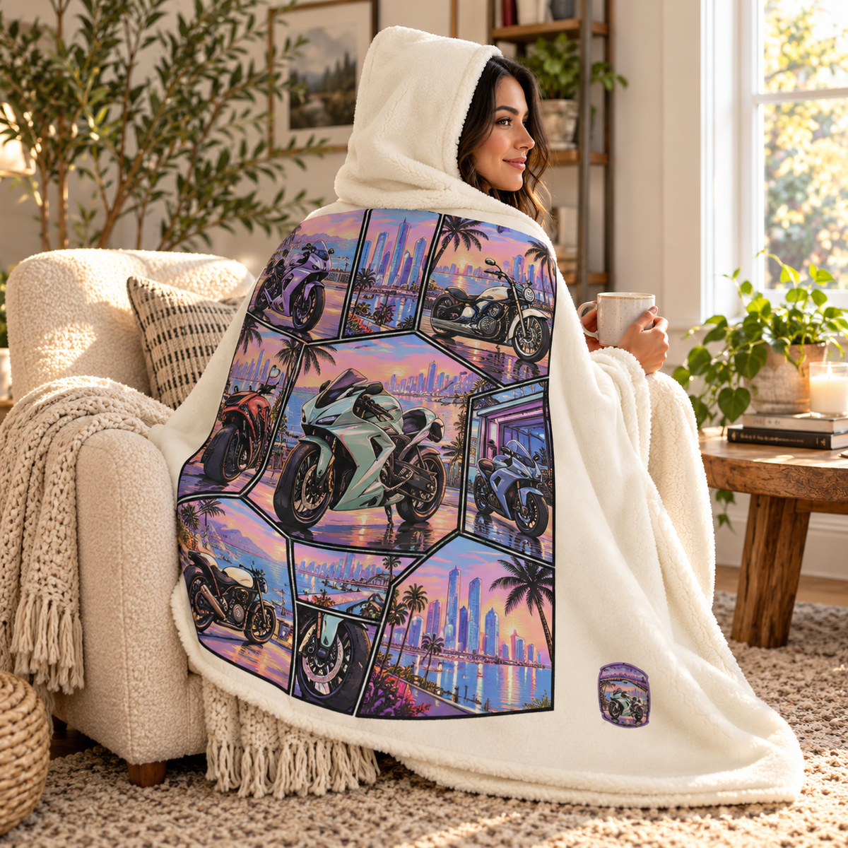 Motorcycle Hooded Sherpa Blanket – Sunset City Collage