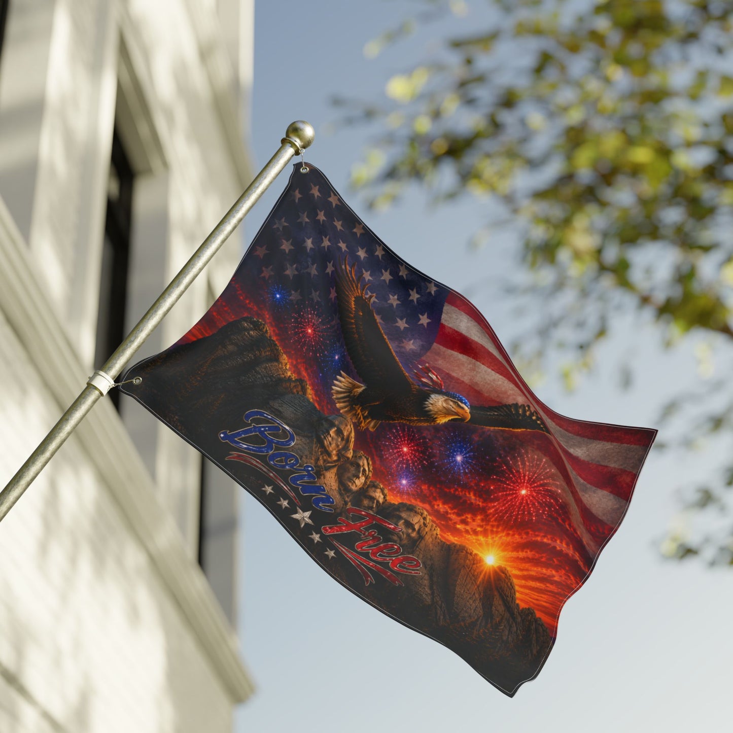 Patriotic Double-Sided Flag – Eagle, Mount Rushmore & "Born Free" Fireworks Design