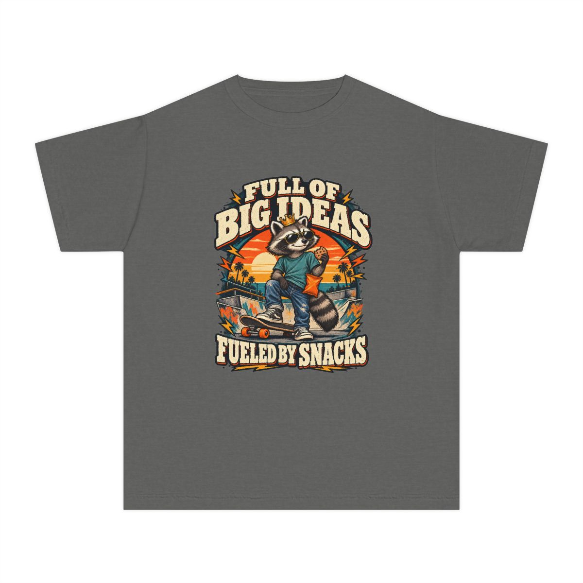 Full of Big Ideas, Fueled by Snacks Youth T-Shirt | Funny Raccoon™ Skateboard Graphic | XS–XL