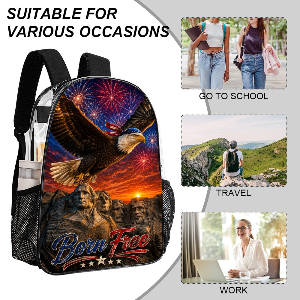 Born Free Clear Backpack – Patriotic Eagle & Mount Rushmore Stadium-Approved Bag | American Pride Transparent Backpack - 17 inch