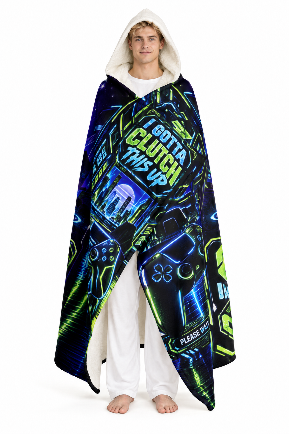 Gaming Hooded Sherpa Blanket, Wearable Plush Blanket for Gamers