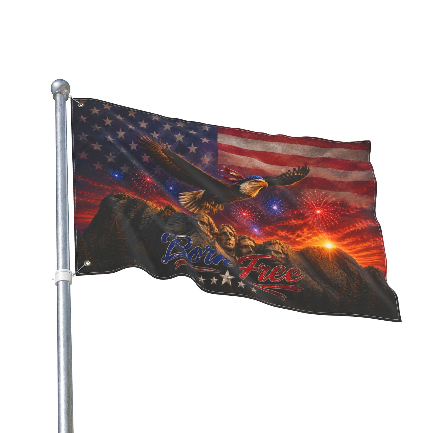 Patriotic Double-Sided Flag – Eagle, Mount Rushmore & "Born Free" Fireworks Design