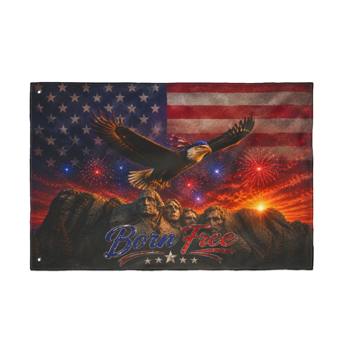 Patriotic Double-Sided Flag – Eagle, Mount Rushmore & "Born Free" Fireworks Design