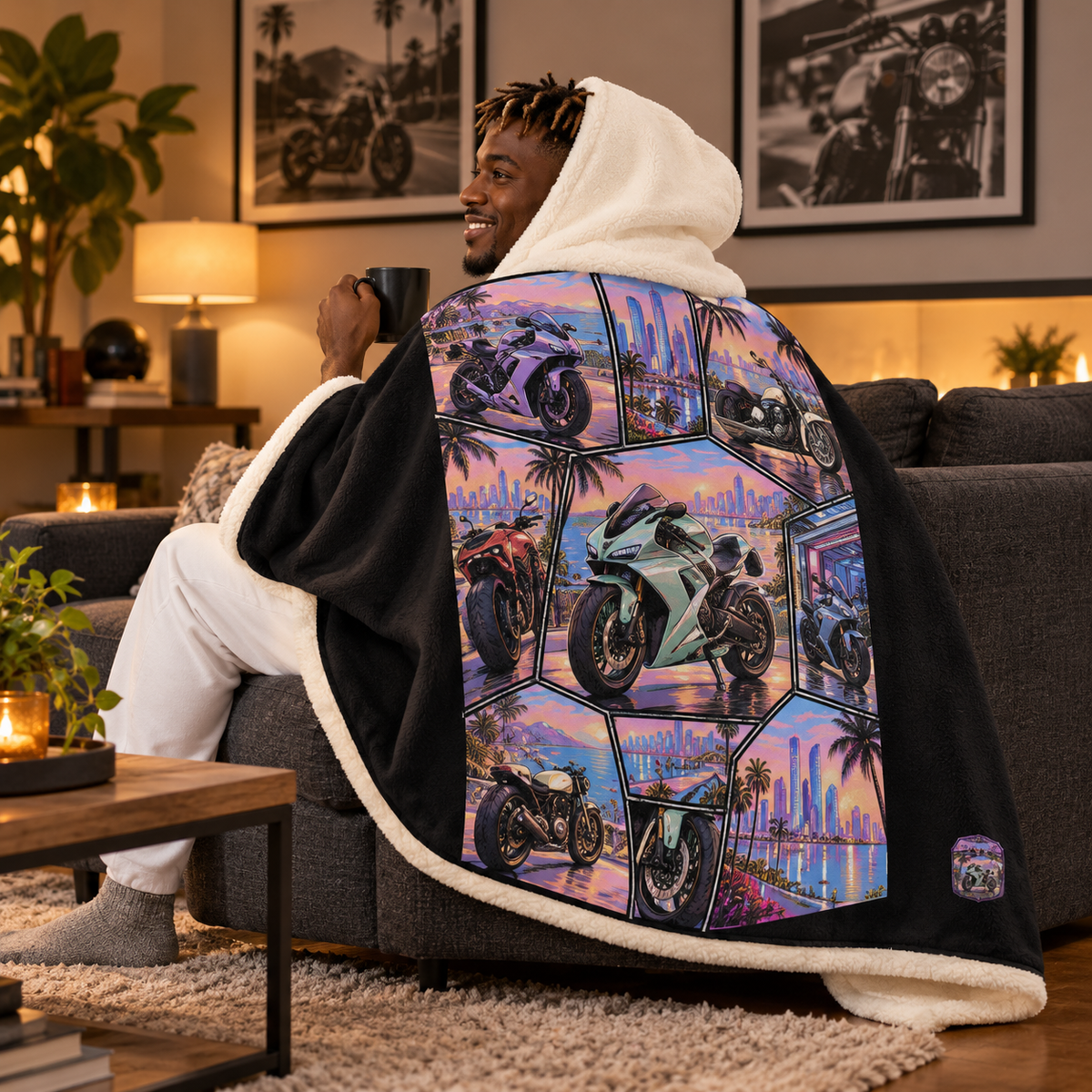 Motorcycle Hooded Sherpa Blanket – Sunset City Collage