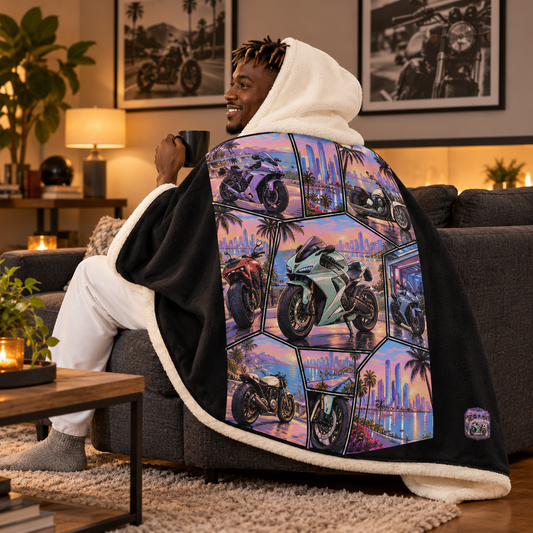 Motorcycle Hooded Sherpa Blanket – Sunset City Collage