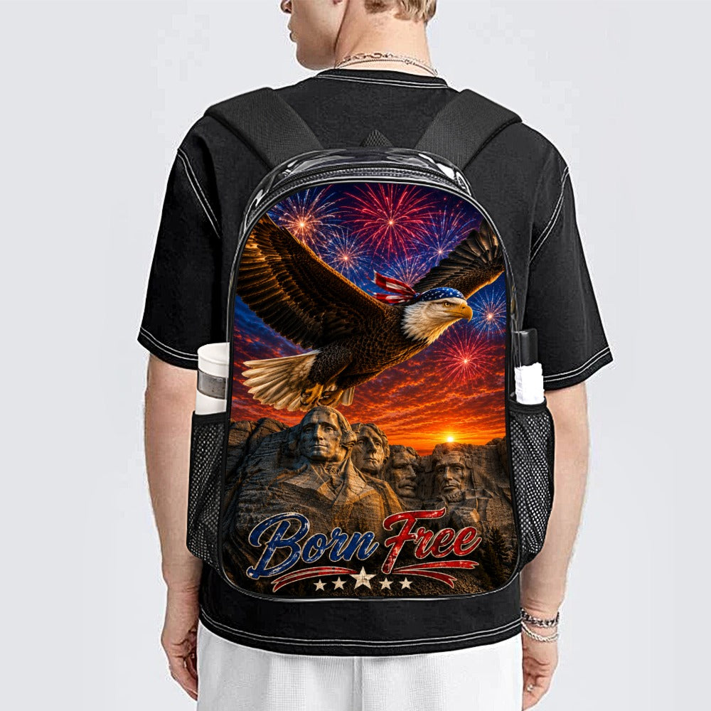 Born Free Clear Backpack – Patriotic Eagle & Mount Rushmore Stadium-Approved Bag | American Pride Transparent Backpack - 17 inch