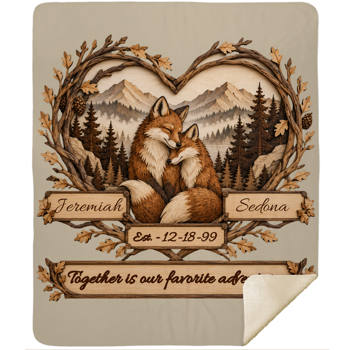 Personalized Woodland Animals Couple Sherpa Blanket 50 X 60 – Custom Names & Anniversary Date