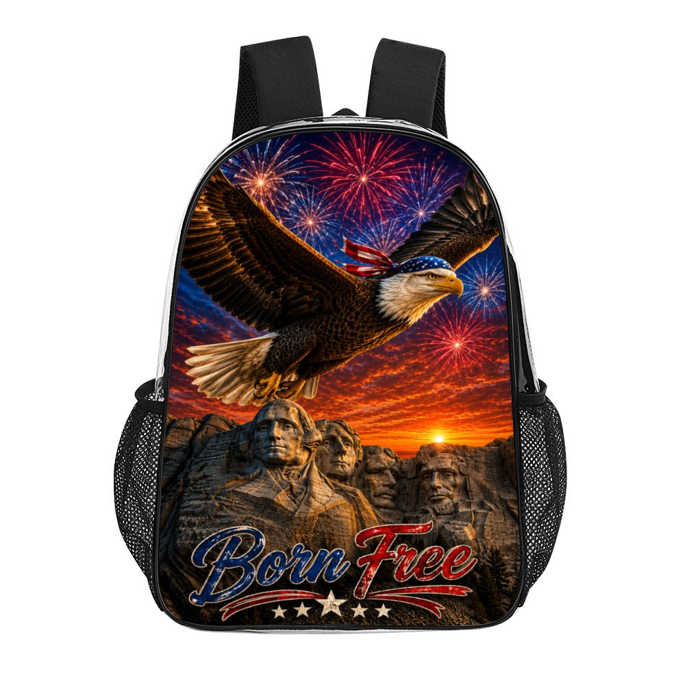 Born Free Clear Backpack – Patriotic Eagle & Mount Rushmore Stadium-Approved Bag | American Pride Transparent Backpack - 17 inch