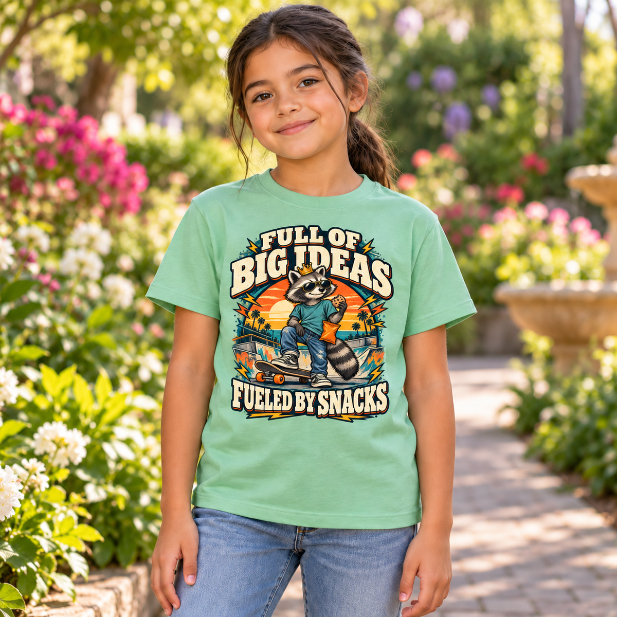 Full of Big Ideas, Fueled by Snacks Youth T-Shirt | Funny Raccoon™  Skateboard Graphic | XS–XL