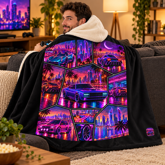 Neon Nights Car Hooded Sherpa Blanket – City Collage
