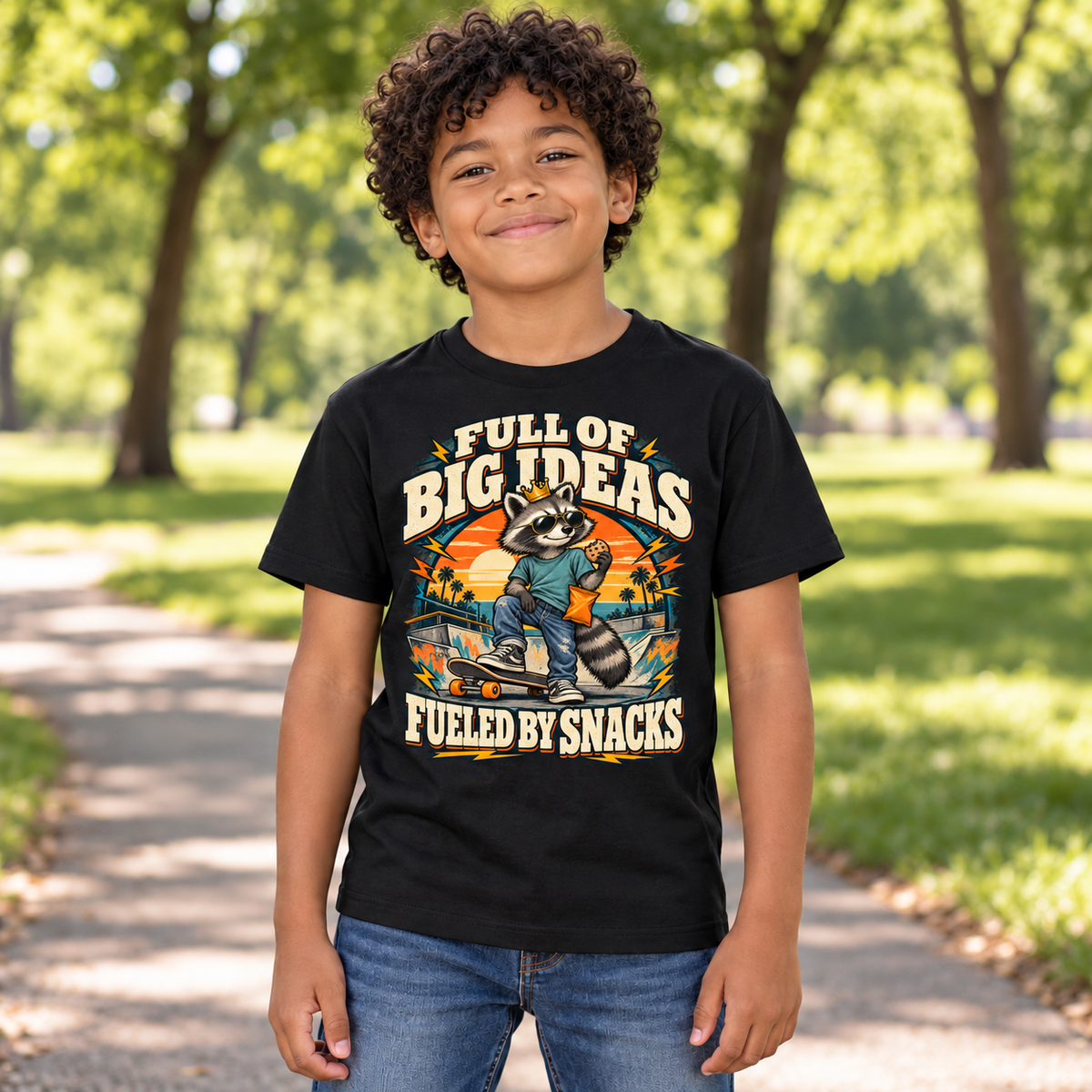 Full of Big Ideas, Fueled by Snacks Youth T-Shirt | Funny Raccoon™  Skateboard Graphic | XS–XL