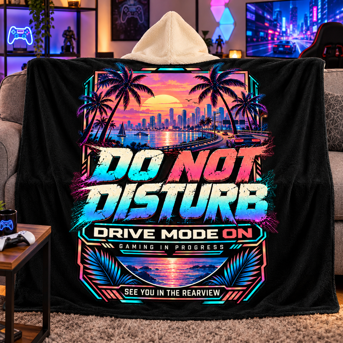 Do Not Disturb Gaming Hooded Sherpa Blanket – Neon Sunset Design