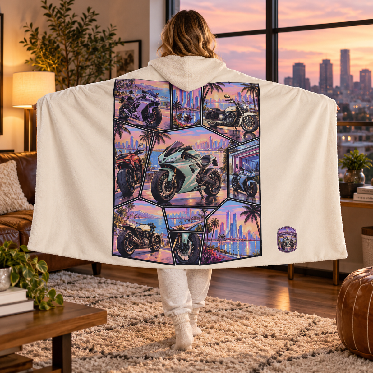 Motorcycle Hooded Sherpa Blanket – Sunset City Collage