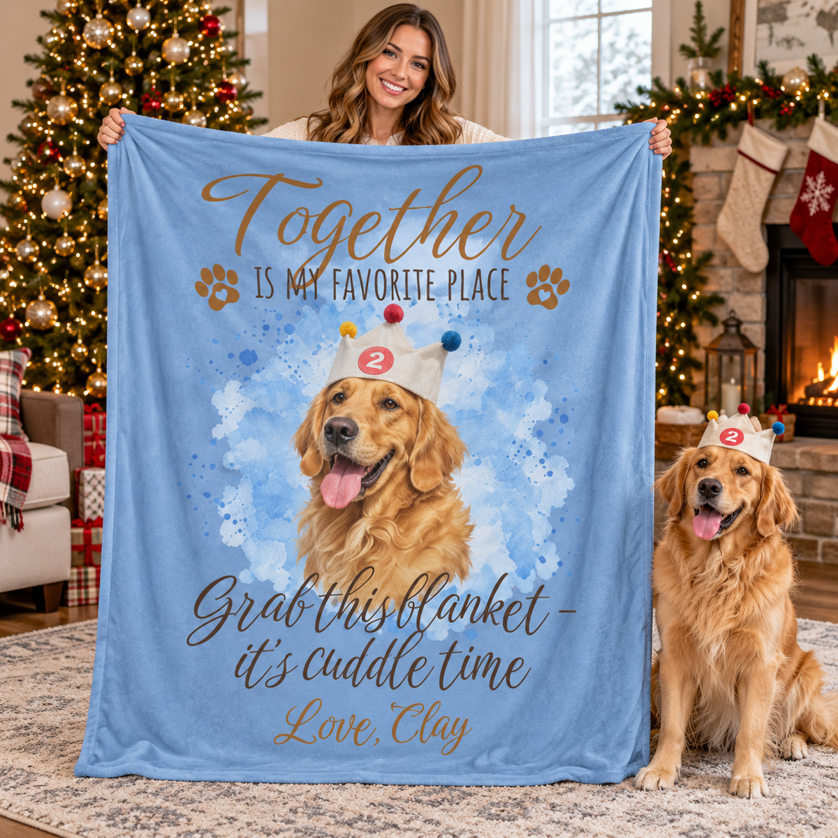 "Together is my favorite place" Oil Painted Pet Photo with Watercolor Splash Fleece Blanket, Custom Dog or Cat Gift