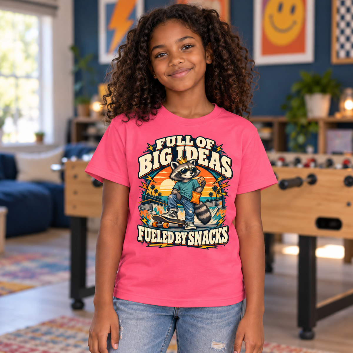 Full of Big Ideas, Fueled by Snacks Youth T-Shirt | Funny Raccoon™  Skateboard Graphic | XS–XL