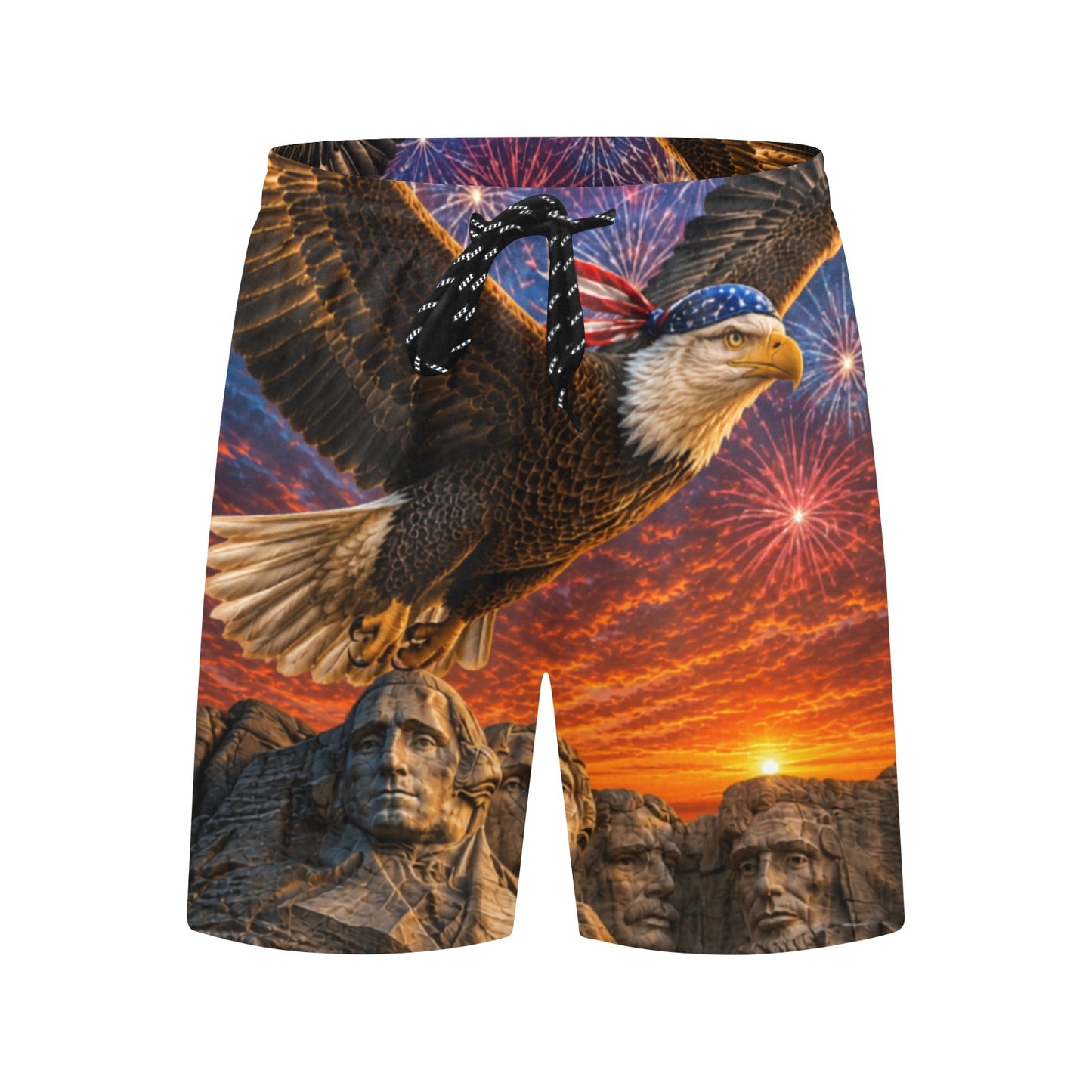 Born Free Patriotic Board Shorts – American Eagle & Mount Rushmore Men's Mid-Length Swim Trunks | USA Freedom Beach Shorts
