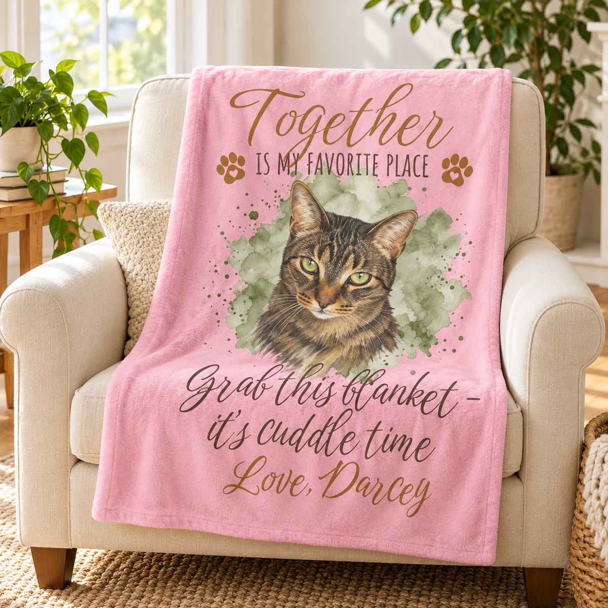 "Together is my favorite place" Oil Painted Pet Photo with Watercolor Splash Fleece Blanket, Custom Dog or Cat Gift
