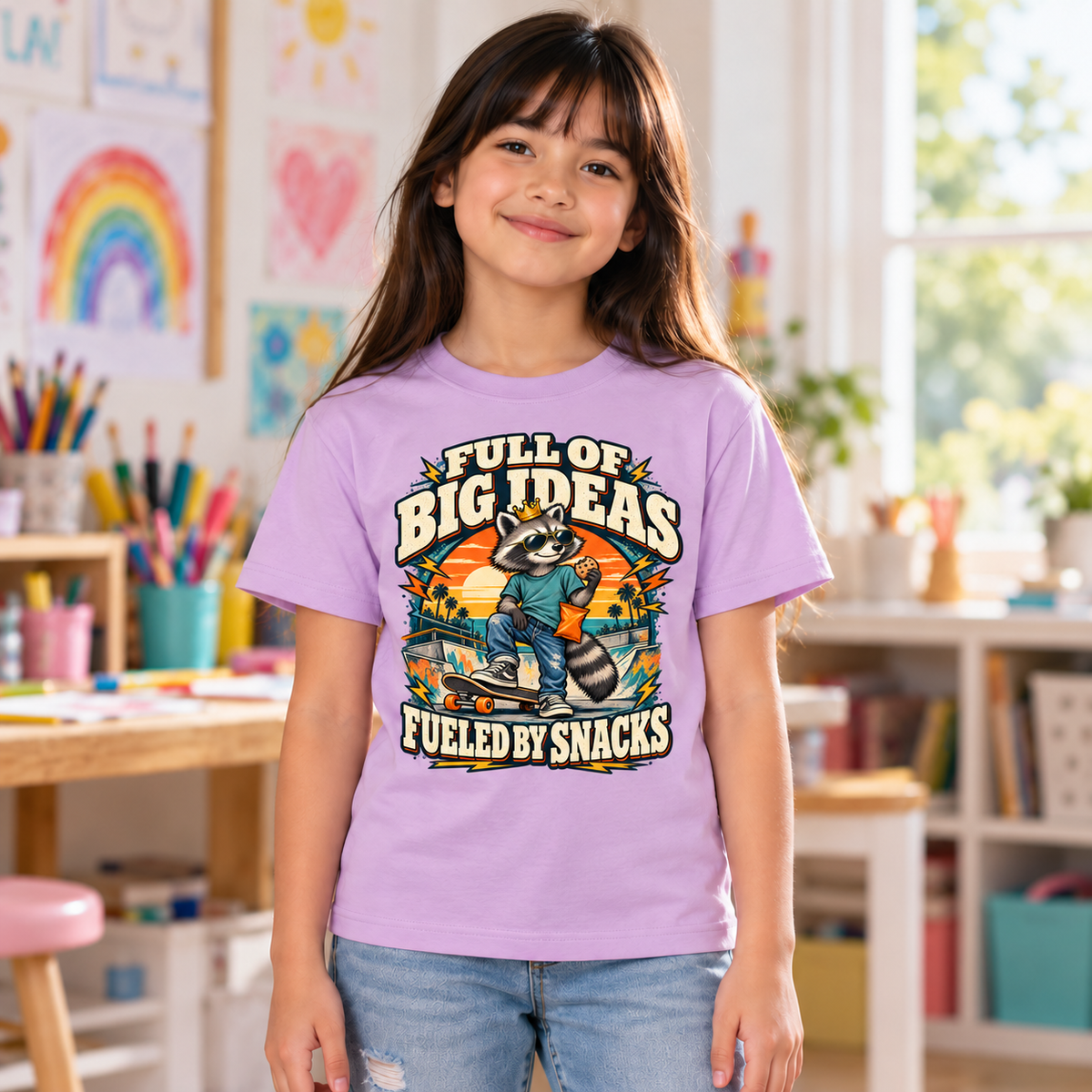 Full of Big Ideas, Fueled by Snacks Youth T-Shirt | Funny Raccoon™  Skateboard Graphic | XS–XL