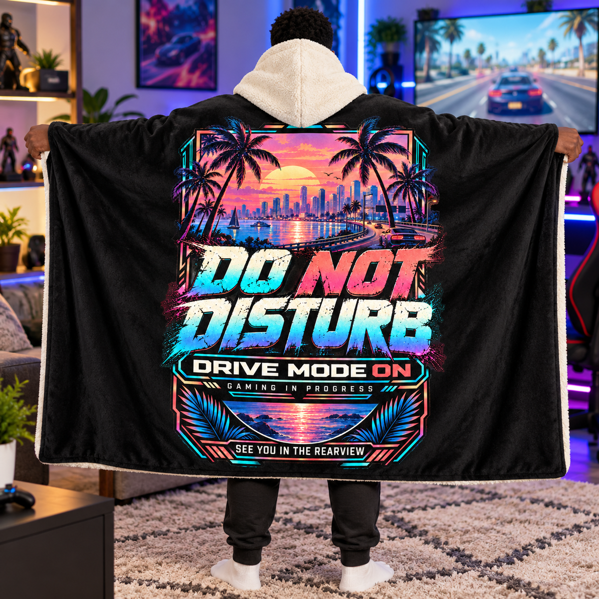 Do Not Disturb Gaming Hooded Sherpa Blanket – Neon Sunset Design