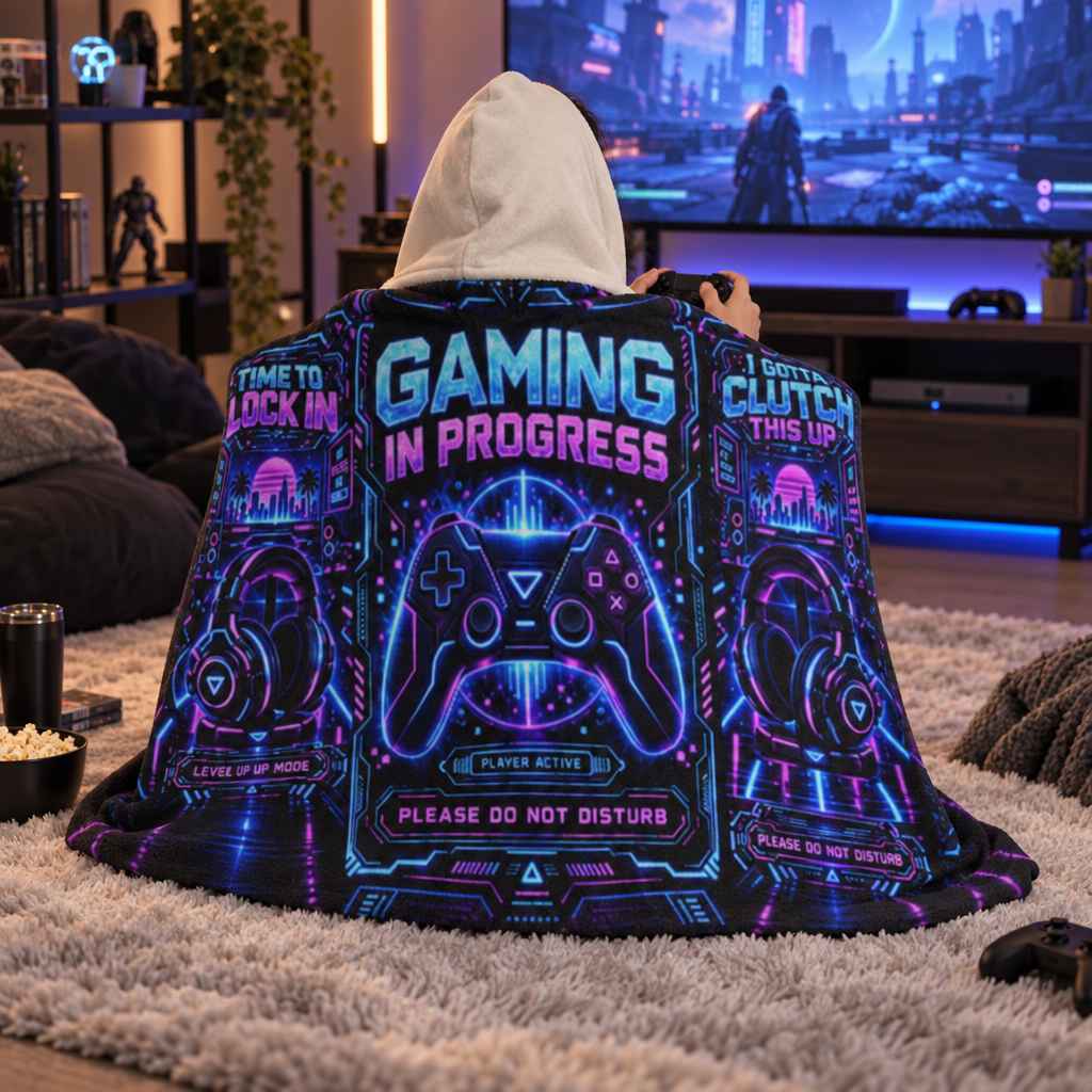 Gaming Hooded Sherpa Blanket, Wearable Plush Blanket for Gamers