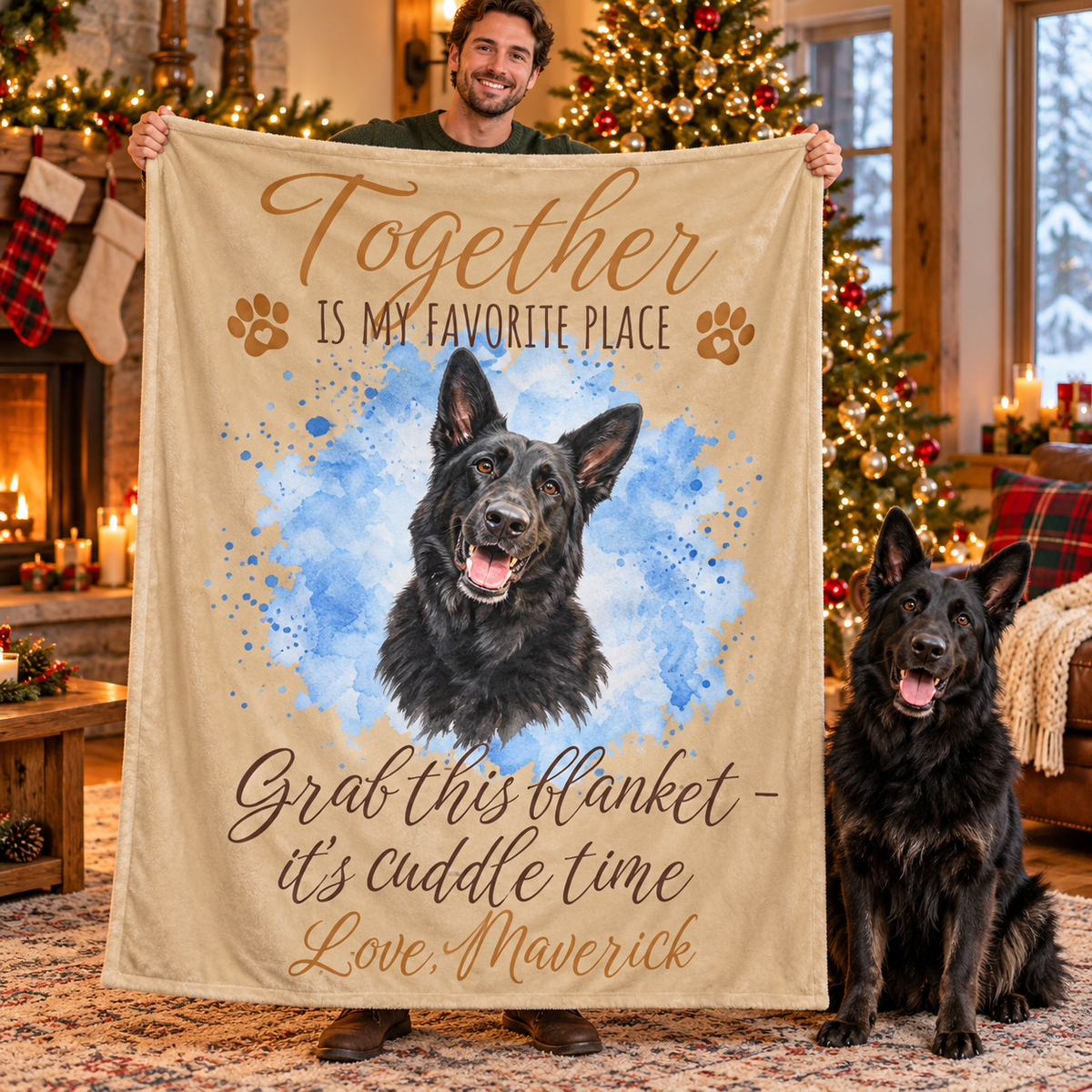 "Together is my favorite place" Oil Painted Pet Photo with Watercolor Splash Fleece Blanket, Custom Dog or Cat Gift
