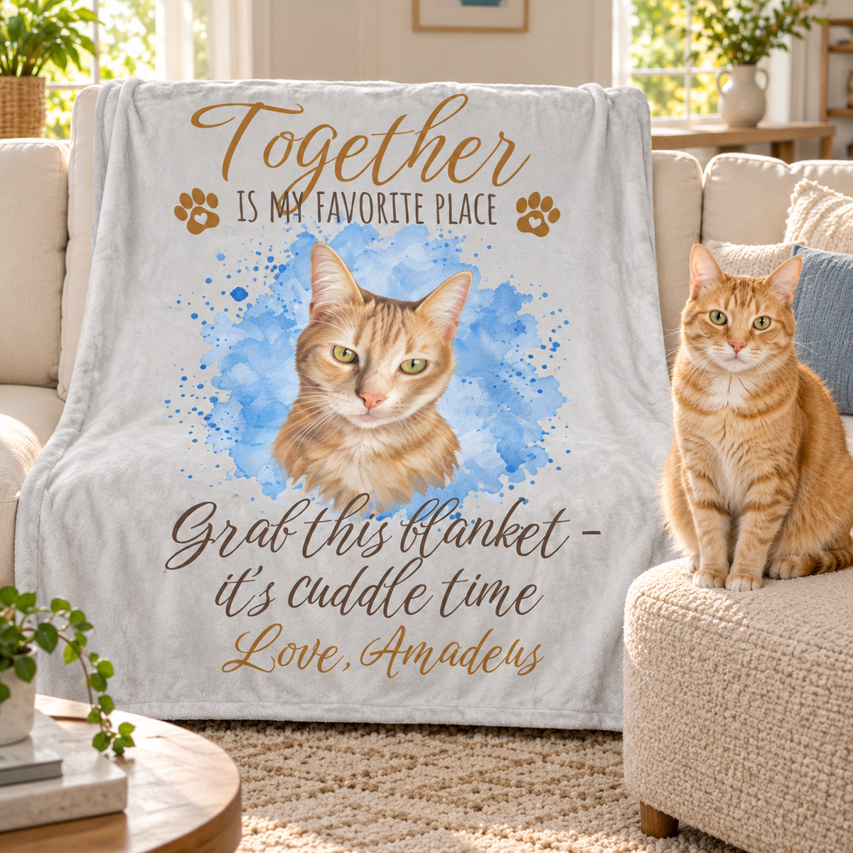 "Together is my favorite place" Oil Painted Pet Photo with Watercolor Splash Fleece Blanket, Custom Dog or Cat Gift
