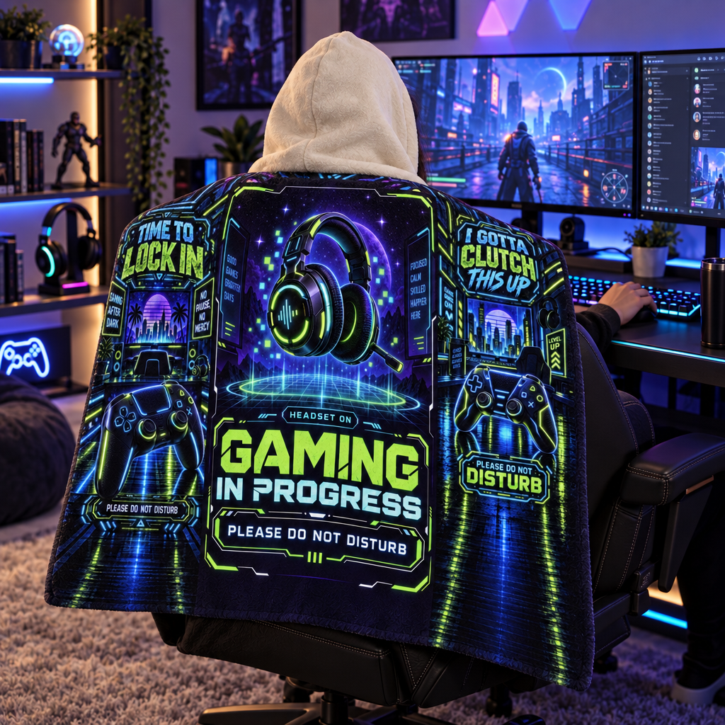Gaming Hooded Sherpa Blanket, Wearable Plush Blanket for Gamers