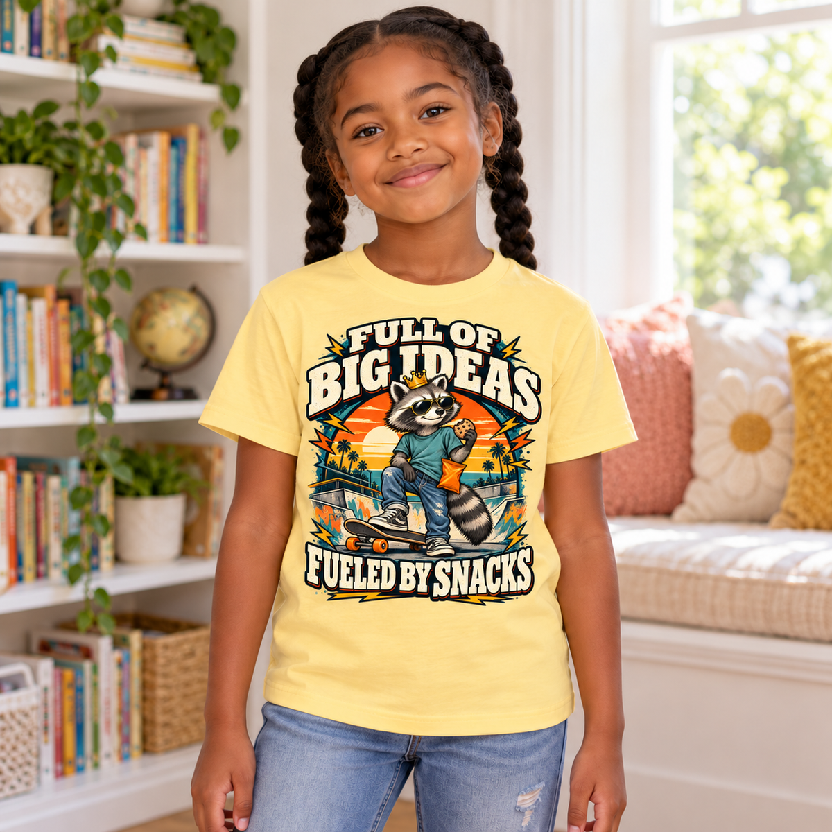 Full of Big Ideas, Fueled by Snacks Youth T-Shirt | Funny Raccoon™  Skateboard Graphic | XS–XL