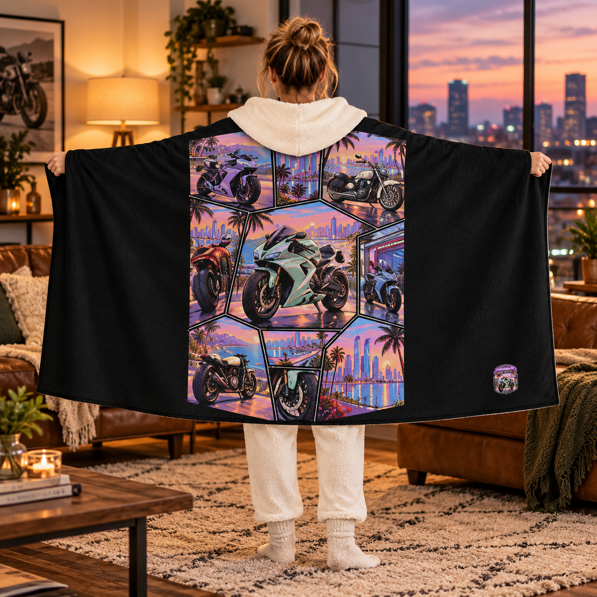 Motorcycle Hooded Sherpa Blanket – Sunset City Collage