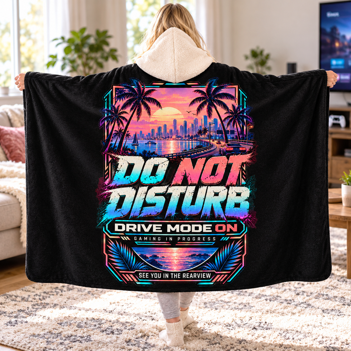 Do Not Disturb Gaming Hooded Sherpa Blanket – Neon Sunset Design