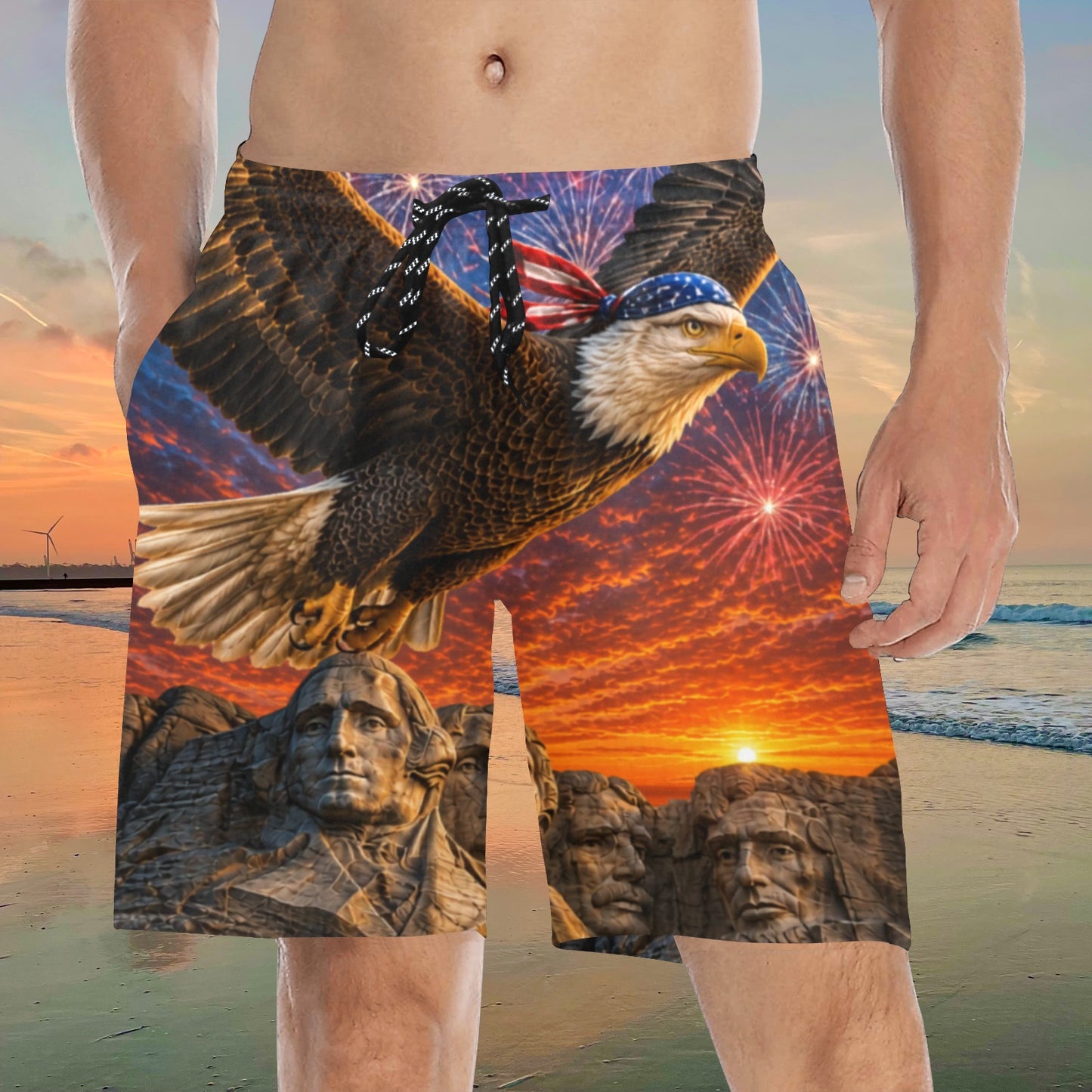 Born Free Patriotic Board Shorts – American Eagle & Mount Rushmore Men's Mid-Length Swim Trunks | USA Freedom Beach Shorts