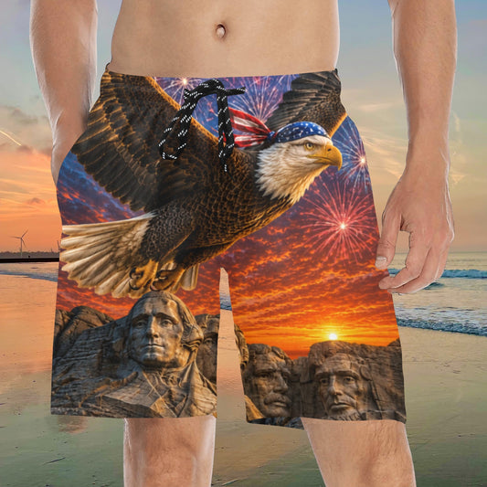 Born Free Patriotic Board Shorts – American Eagle & Mount Rushmore Men's Mid-Length Swim Trunks | USA Freedom Beach Shorts