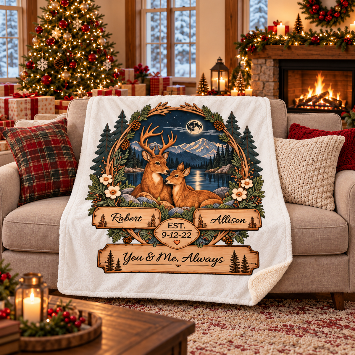 Personalized Woodland Animals Couple Sherpa Blanket 50 X 60 – Custom Names & Anniversary Date