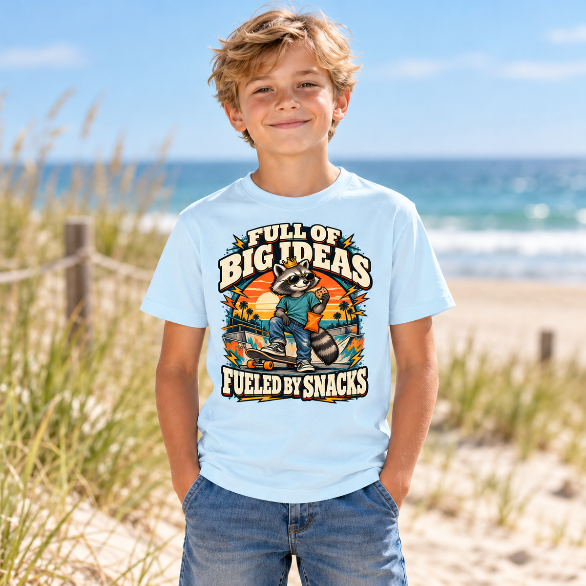 Full of Big Ideas, Fueled by Snacks Youth T-Shirt | Funny Raccoon™  Skateboard Graphic | XS–XL