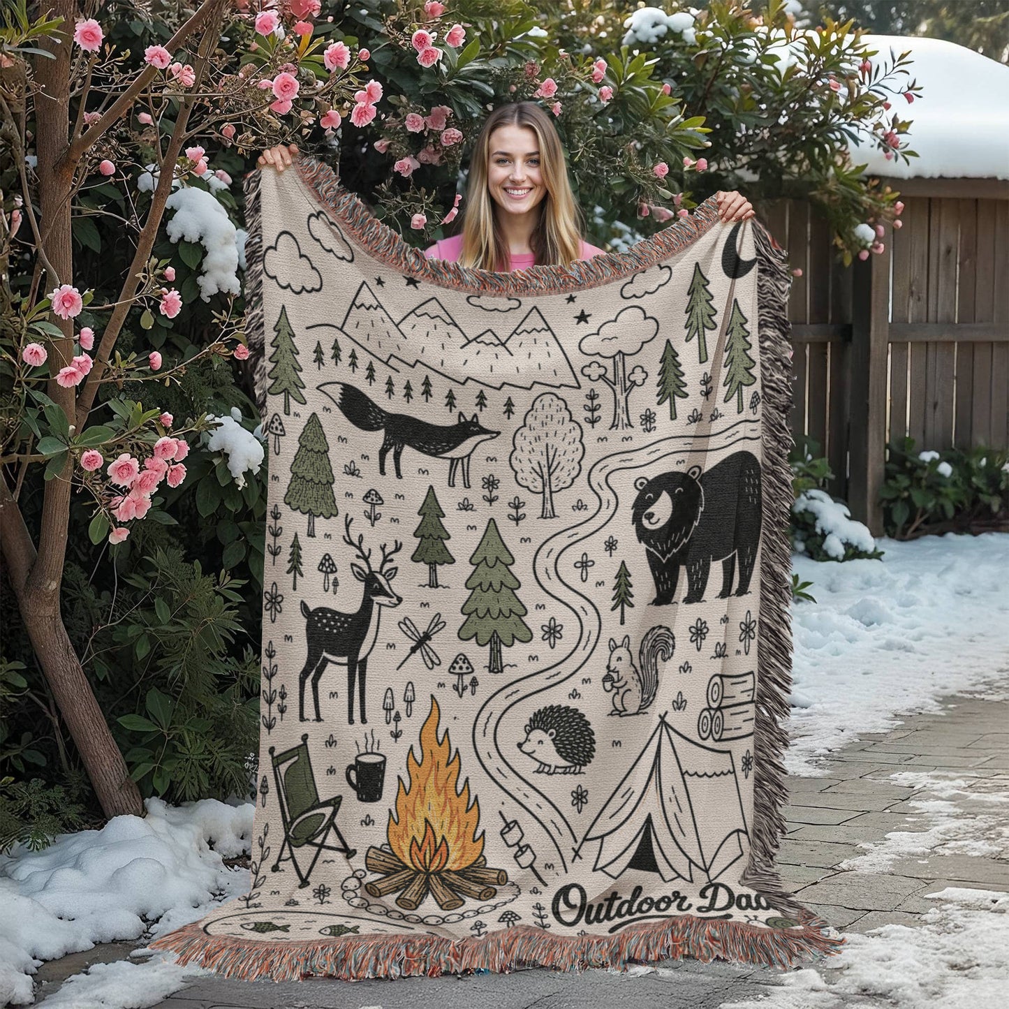 Whimsical Outdoor Dad Adventure Blanket – Cozy Woodland Camping & Wildlife Throw