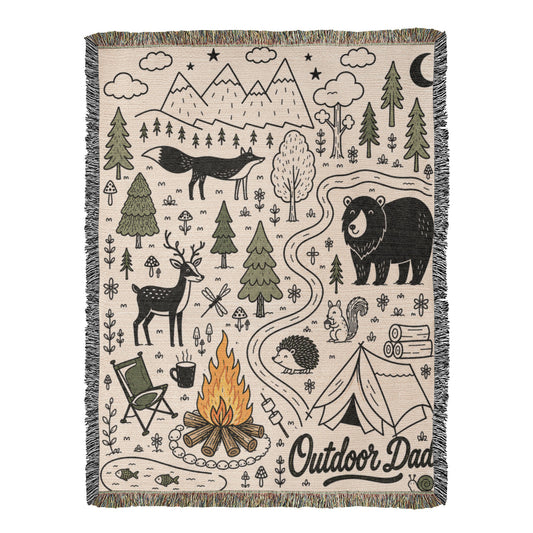Whimsical Outdoor Dad Adventure Blanket – Cozy Woodland Camping & Wildlife Throw