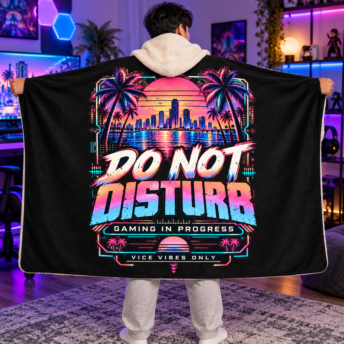 Do Not Disturb Gaming Hooded Sherpa Blanket – Neon Sunset Design
