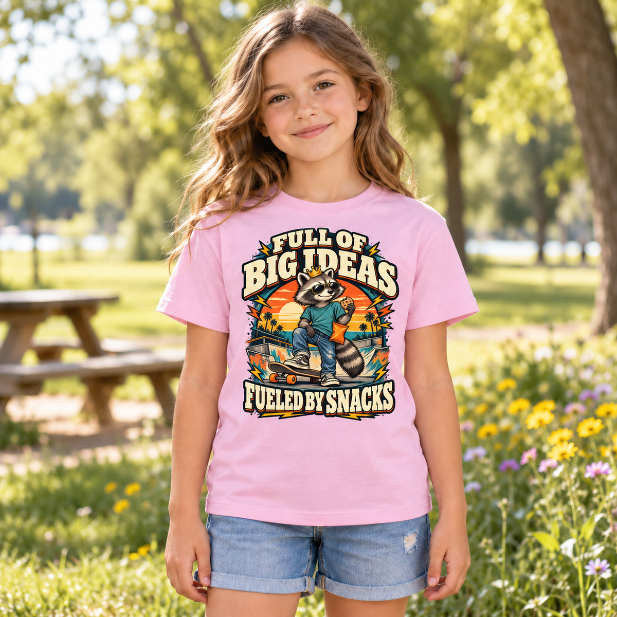Full of Big Ideas, Fueled by Snacks Youth T-Shirt | Funny Raccoon™  Skateboard Graphic | XS–XL