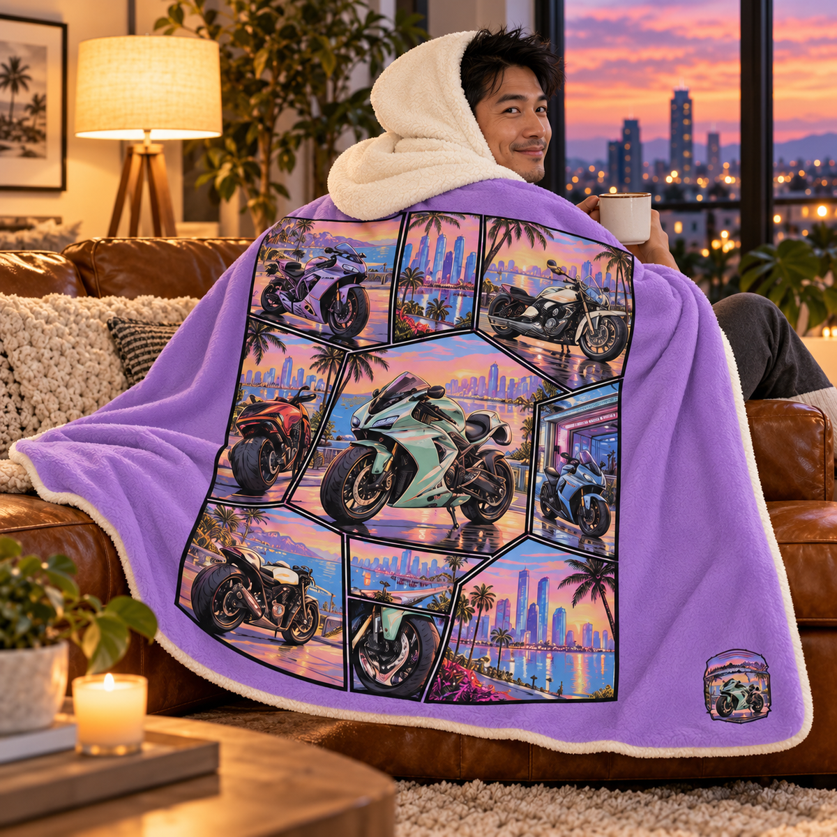 Motorcycle Hooded Sherpa Blanket – Sunset City Collage