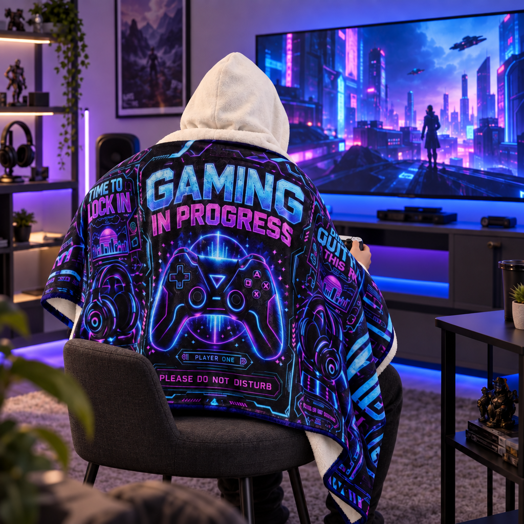 Gaming Hooded Sherpa Blanket, Wearable Plush Blanket for Gamers