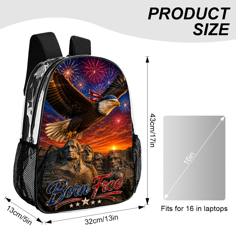 Born Free Clear Backpack – Patriotic Eagle & Mount Rushmore Stadium-Approved Bag | American Pride Transparent Backpack - 17 inch