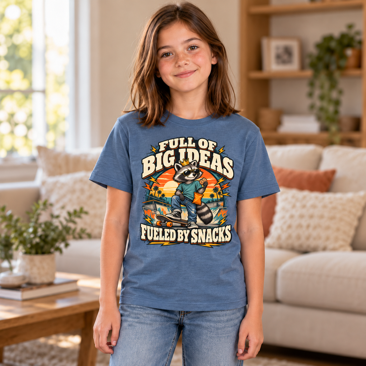 Full of Big Ideas, Fueled by Snacks Youth T-Shirt | Funny Raccoon™  Skateboard Graphic | XS–XL