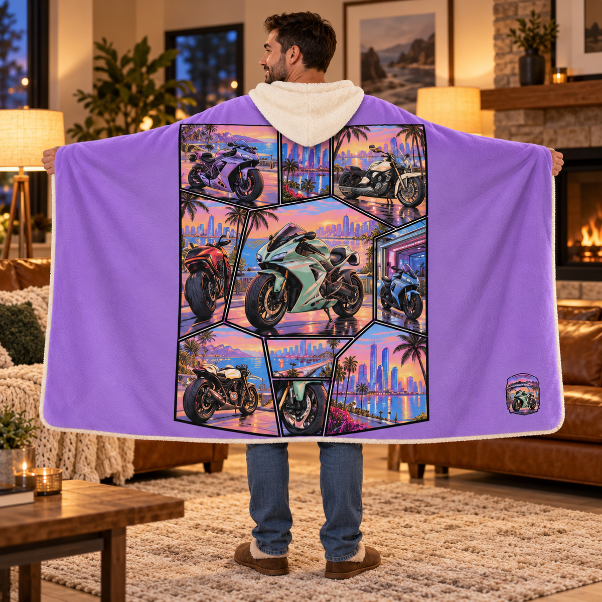 Motorcycle Hooded Sherpa Blanket – Sunset City Collage