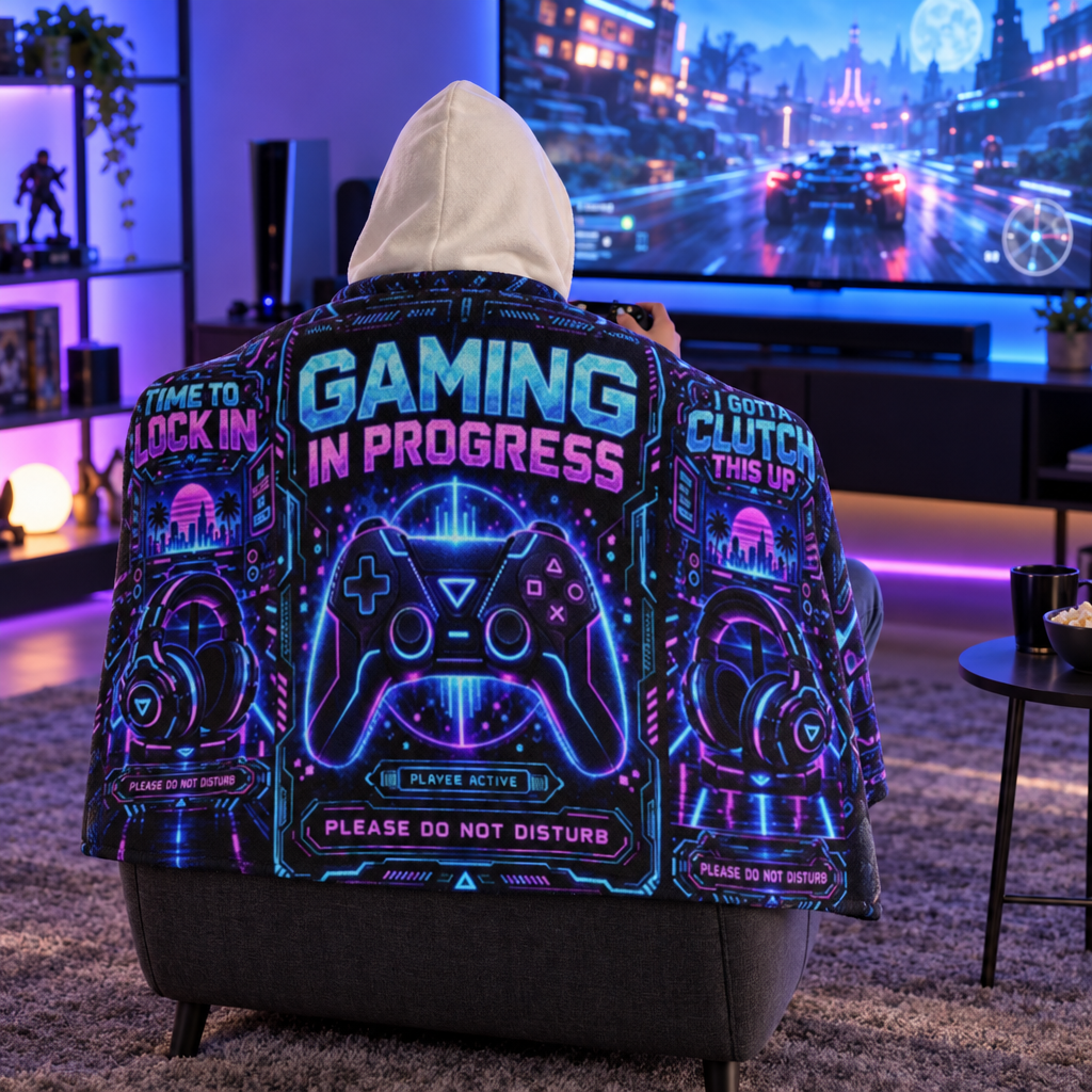 Gaming Hooded Sherpa Blanket, Wearable Plush Blanket for Gamers