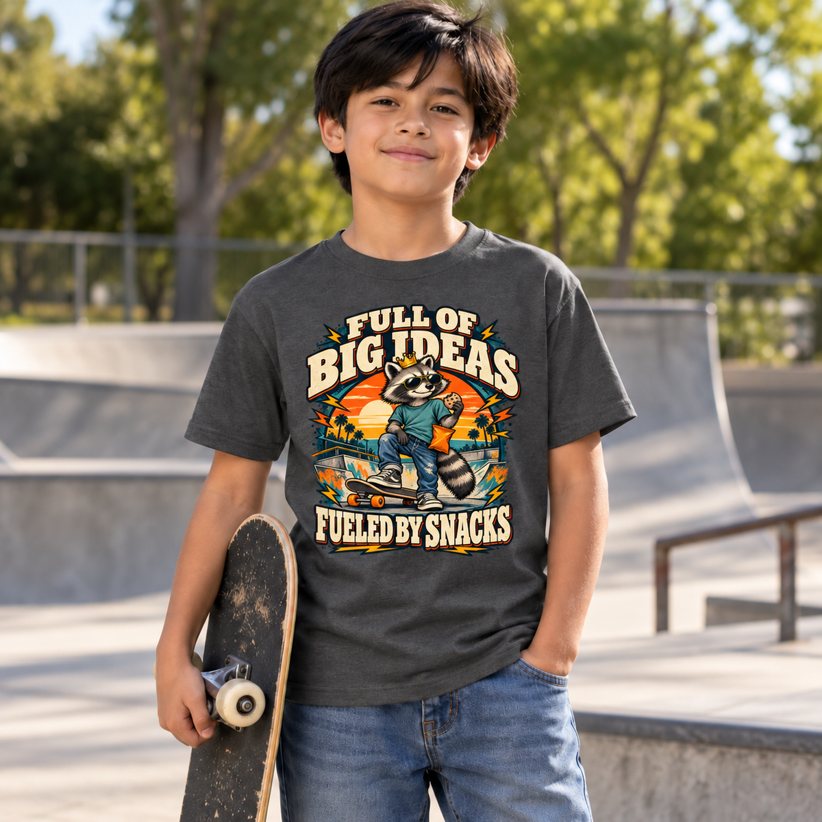 Full of Big Ideas, Fueled by Snacks Youth T-Shirt | Funny Raccoon™  Skateboard Graphic | XS–XL