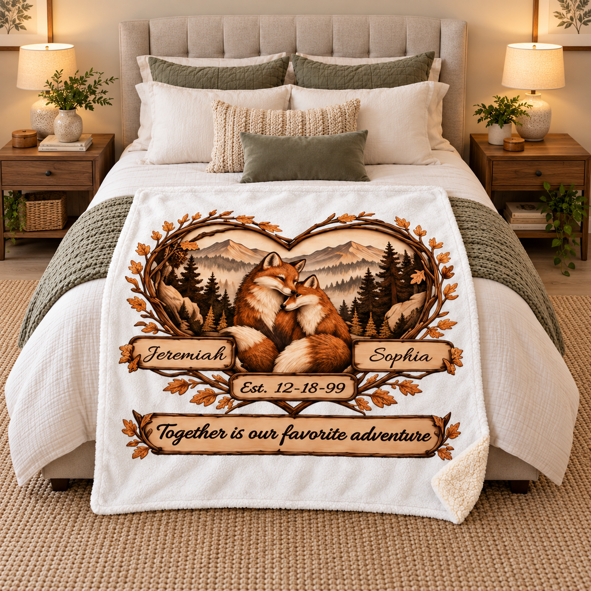 Personalized Woodland Animals Couple Sherpa Blanket 50 X 60 – Custom Names & Anniversary Date